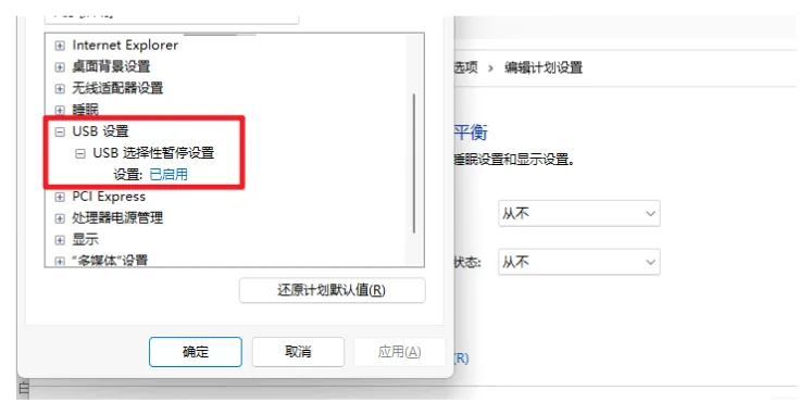 14. 在弹出的窗口中，找到并展开 USB设置 > USB选择性暂停设置。