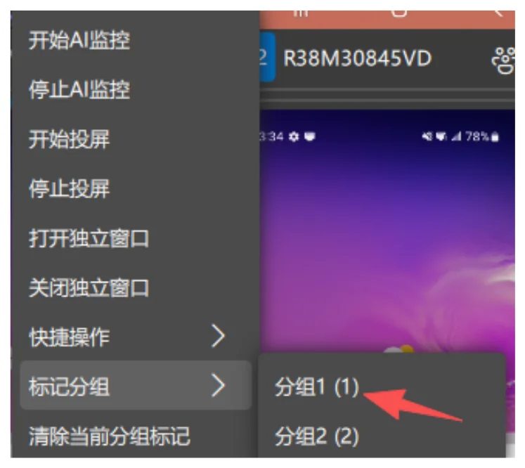 1. 选中需要移动标签的设备，然后右击，在右击菜单找到【标记分组】选项